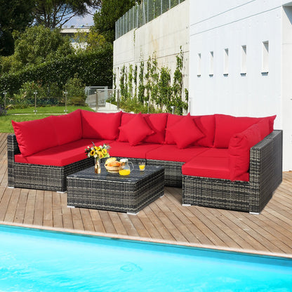 7 Pieces Patio Rattan Furniture Set Sectional Sofa Garden Cushion