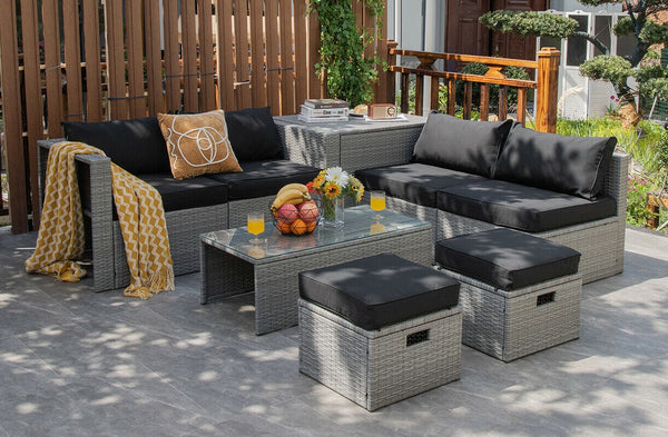 8 Pieces Patio Rattan Furniture Set with Storage Waterproof Cover and Cushion
