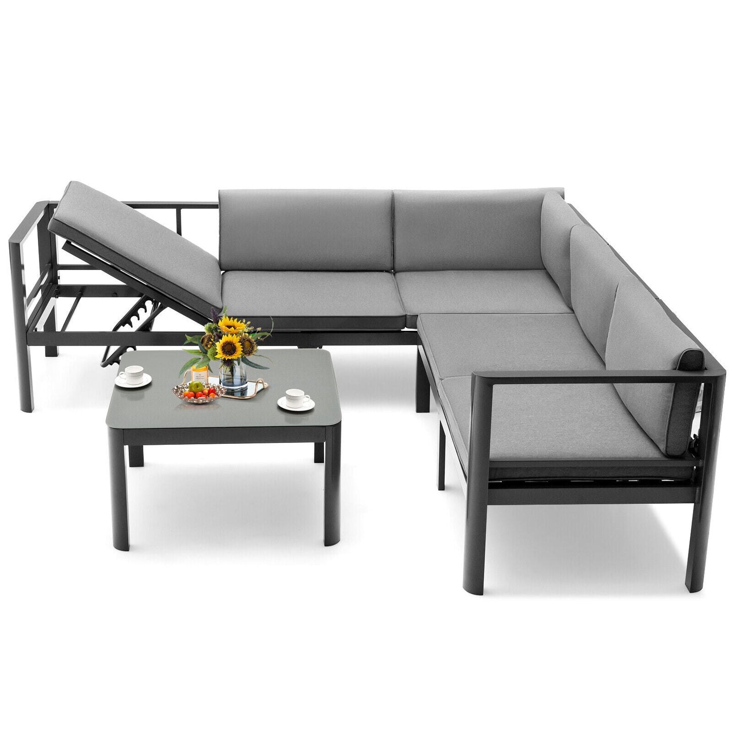 3-Piece Aluminum Patio Furniture Set with 6-Position Adjustable Sofa - Gray