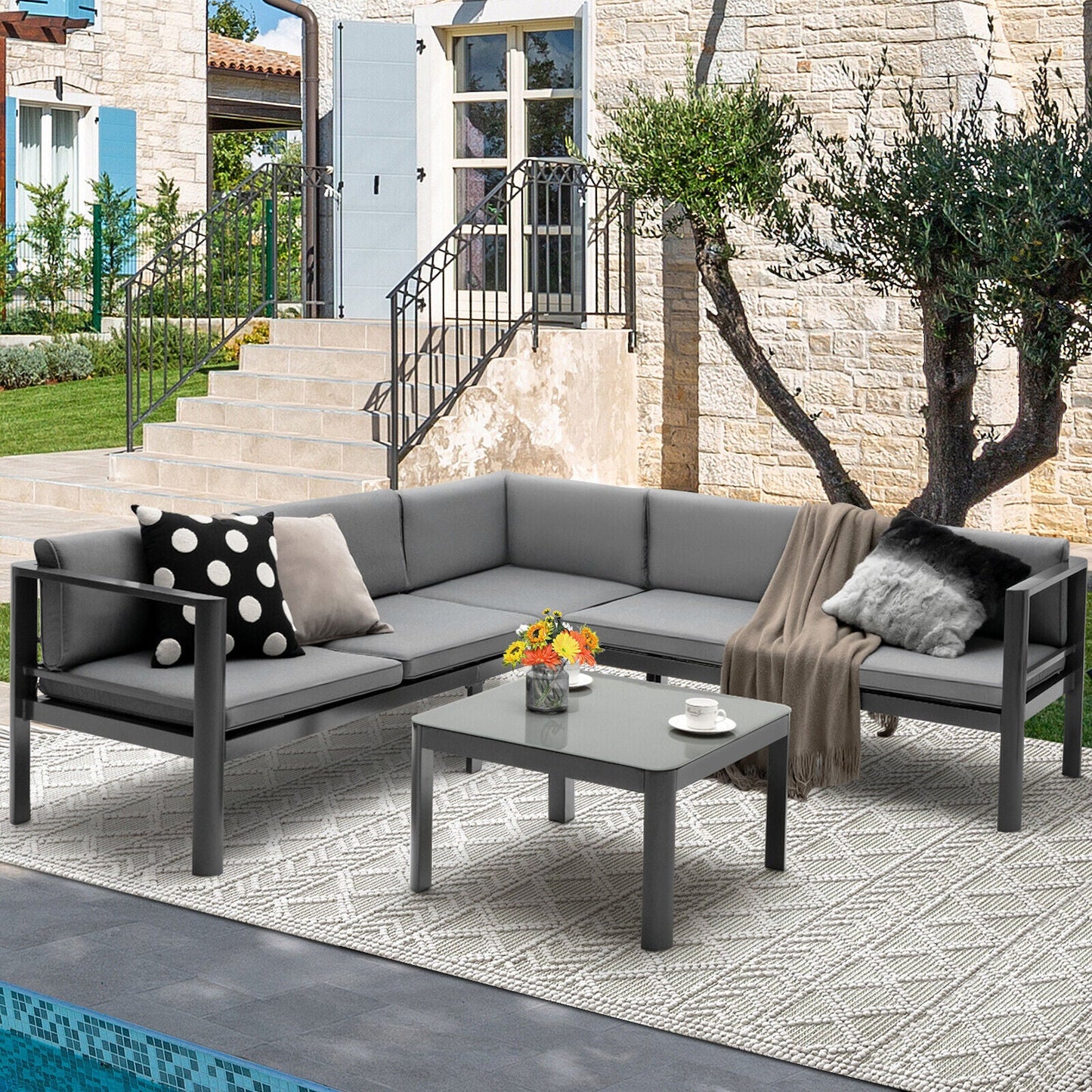 3-Piece Aluminum Patio Furniture Set with 6-Position Adjustable Sofa - Gray