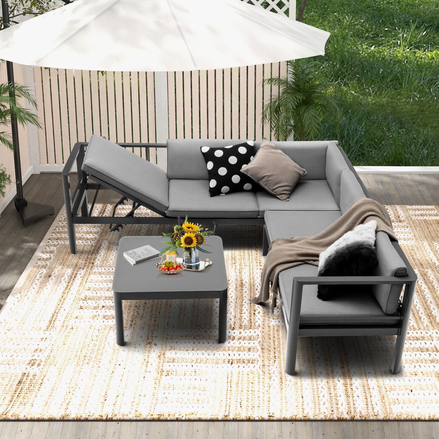 3-Piece Aluminum Patio Furniture Set with 6-Position Adjustable Sofa - Gray