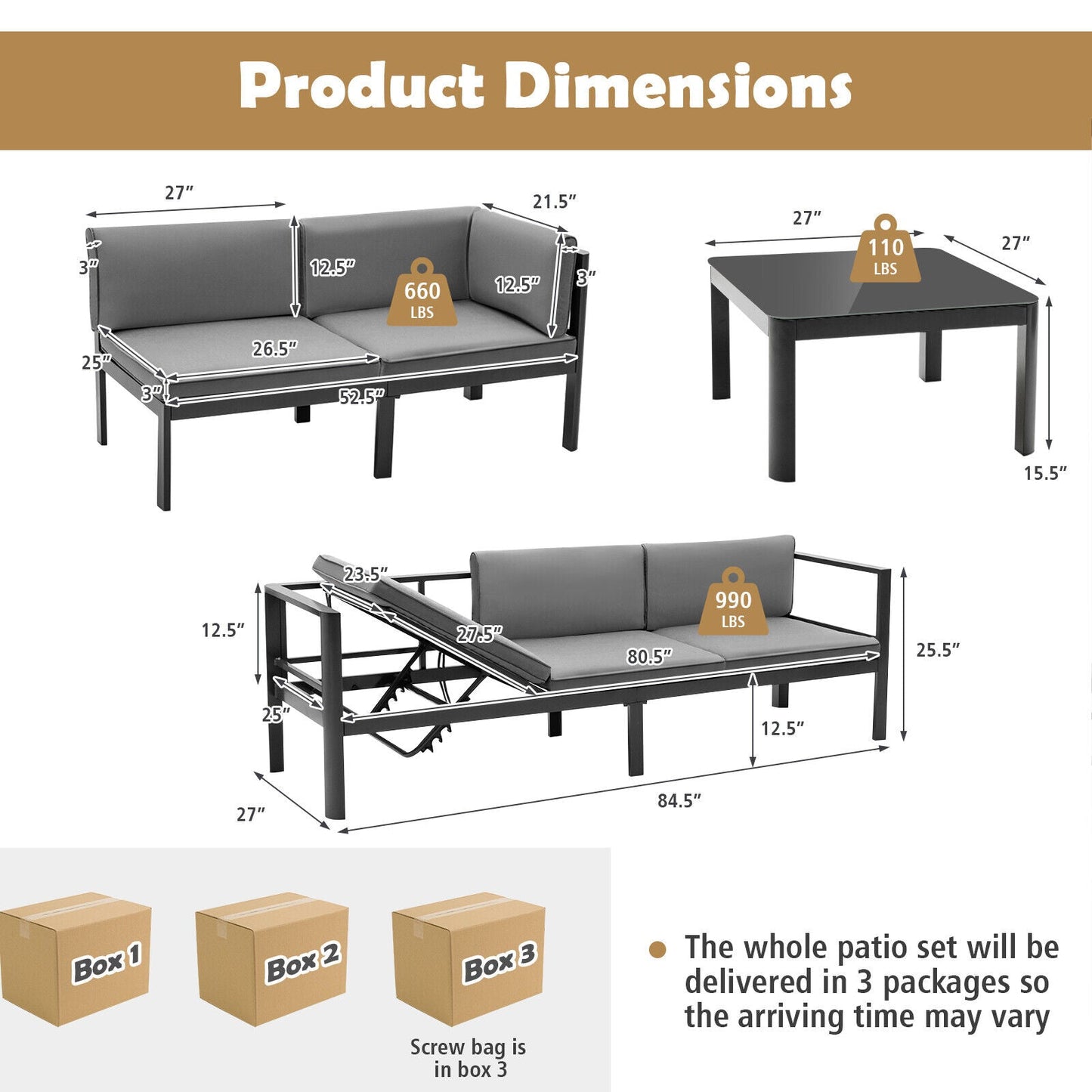 3-Piece Aluminum Patio Furniture Set with 6-Position Adjustable Sofa - Gray