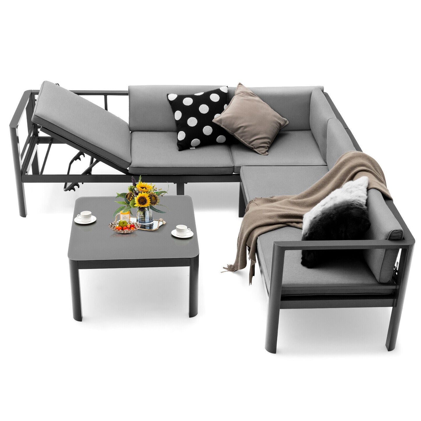 3-Piece Aluminum Patio Furniture Set with 6-Position Adjustable Sofa - Gray