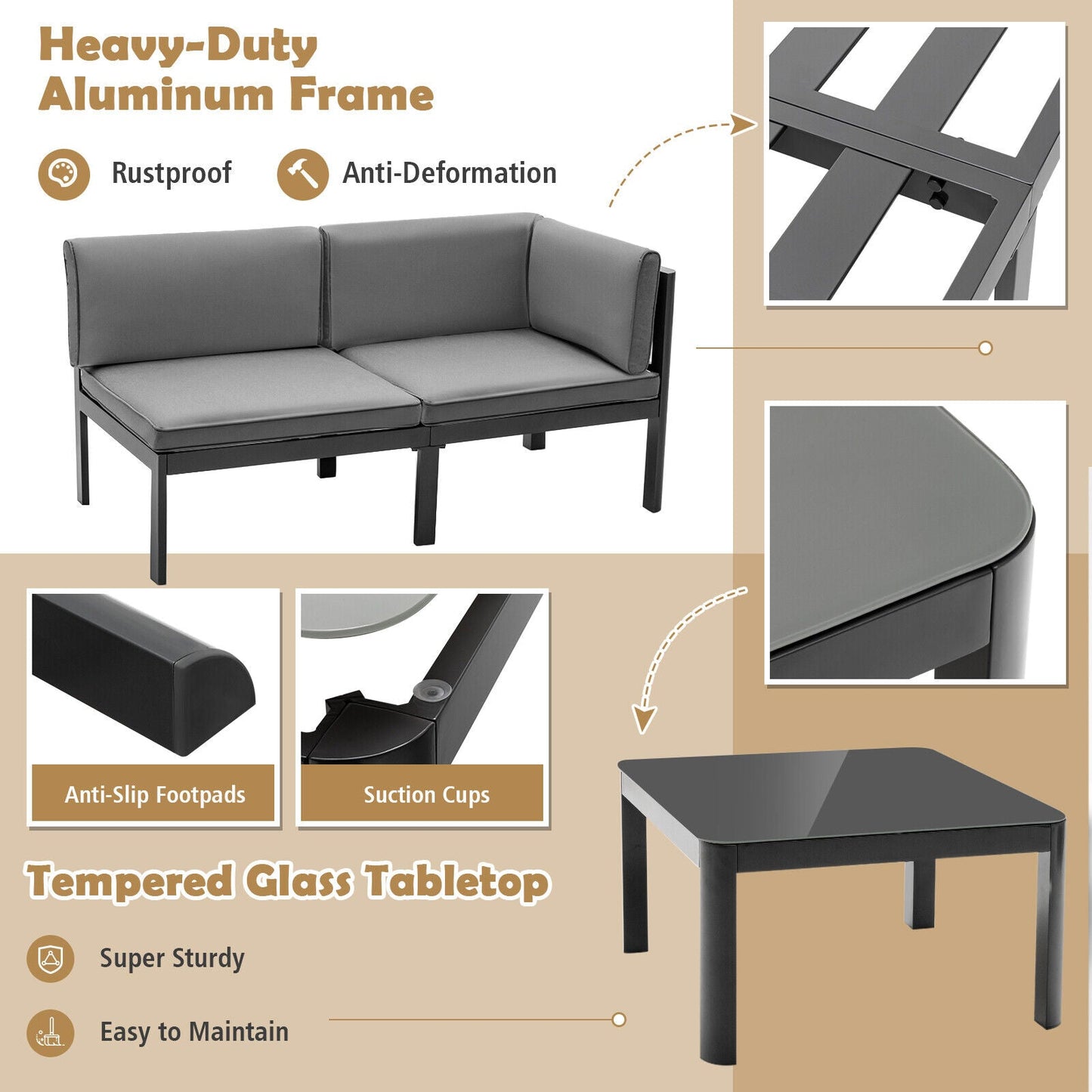 3-Piece Aluminum Patio Furniture Set with 6-Position Adjustable Sofa - Gray