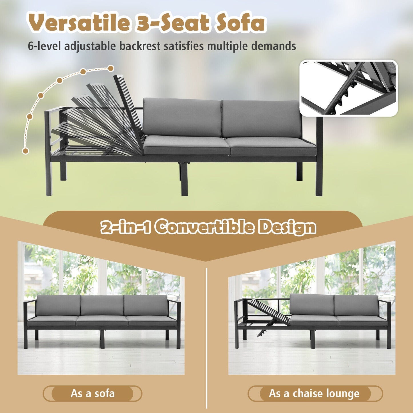 3-Piece Aluminum Patio Furniture Set with 6-Position Adjustable Sofa - Gray