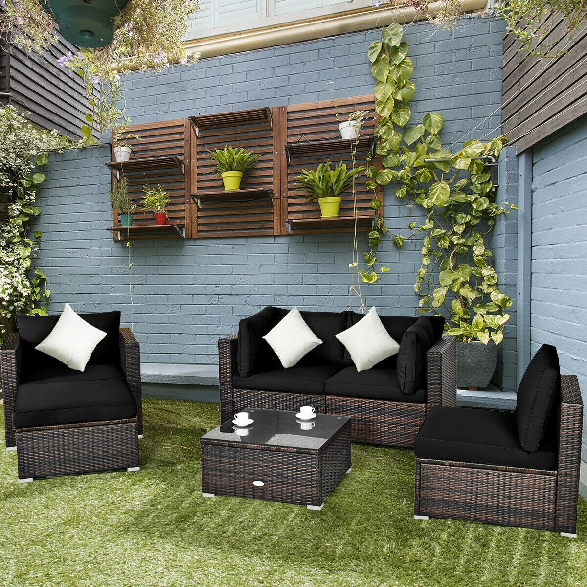 6-Piece Outdoor Rattan Sectional Furniture Set with Cushions and Convertible Ottoman Table