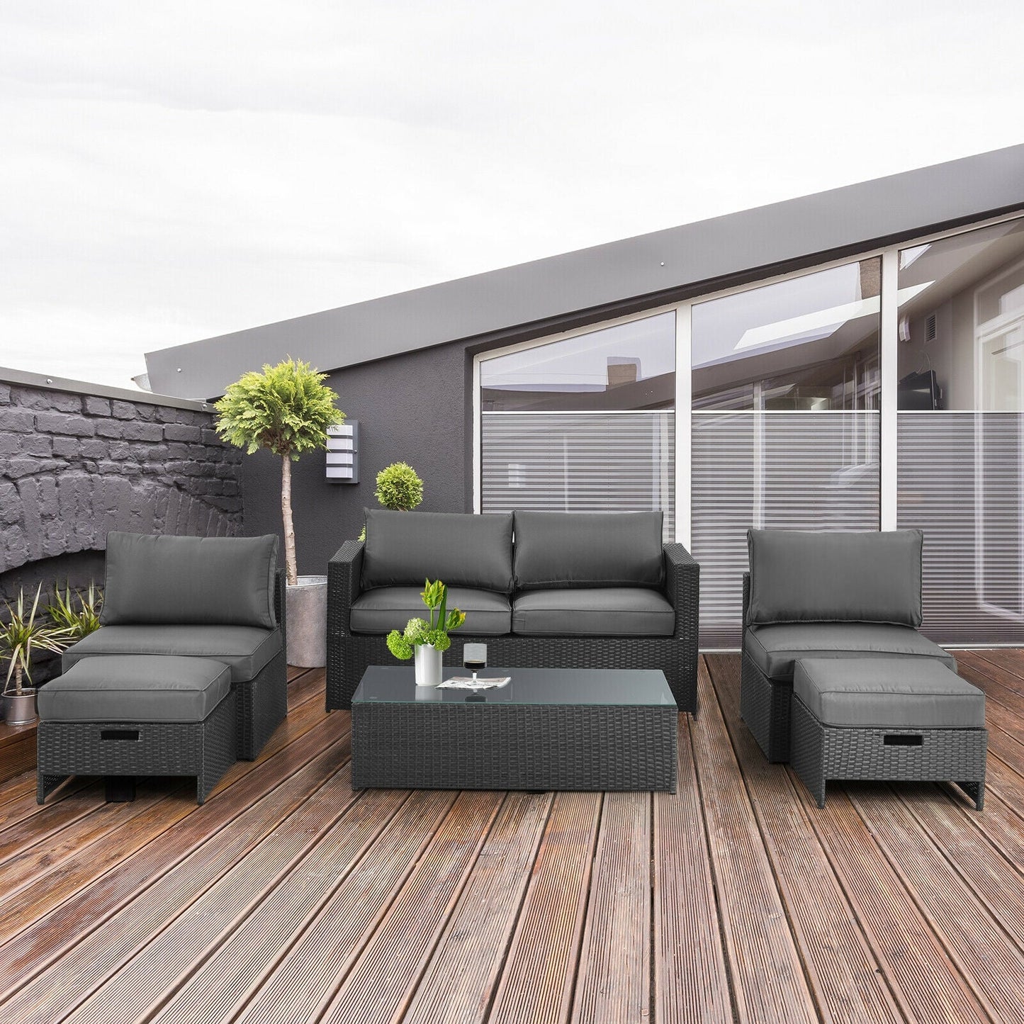 6 Pieces Patio Rattan Furniture Set with Glass Table and Cushioned Seat