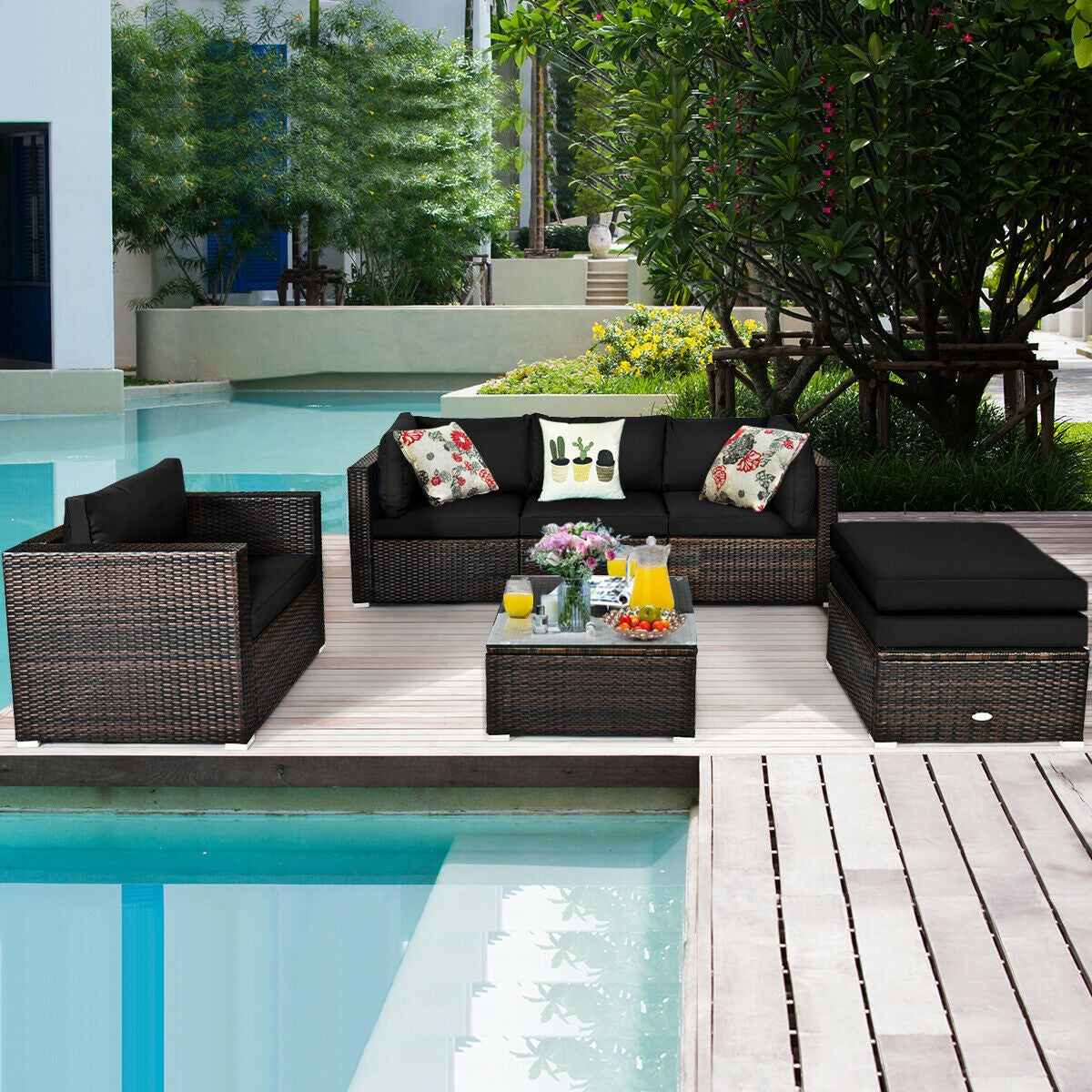 6-Piece Outdoor Rattan Sectional Furniture Set with Cushions and Convertible Ottoman Table