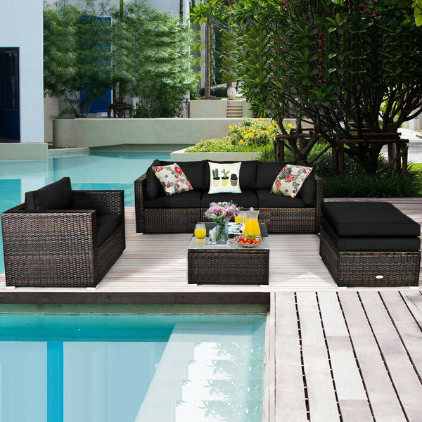 6-Piece Outdoor Rattan Sectional Furniture Set with Cushions and Convertible Ottoman Table