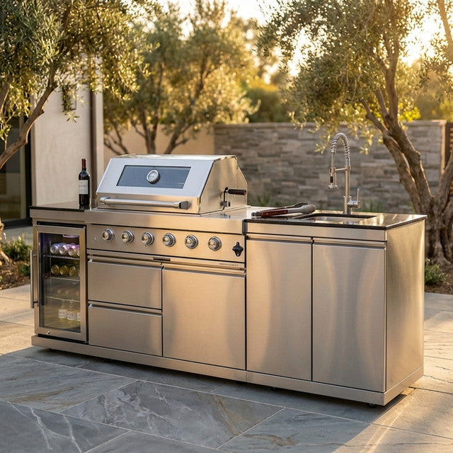 46 In. 4-Burner 72,000 BTU Stainless Steel Outdoor Kitchen BBQ Grill Island, Wine Refrigerator, Rotisserie, in Sliver — Studio Shot