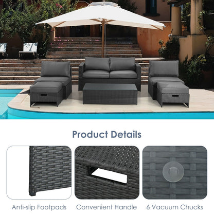 6 Pieces Patio Rattan Furniture Set with Glass Table and Cushioned Seat
