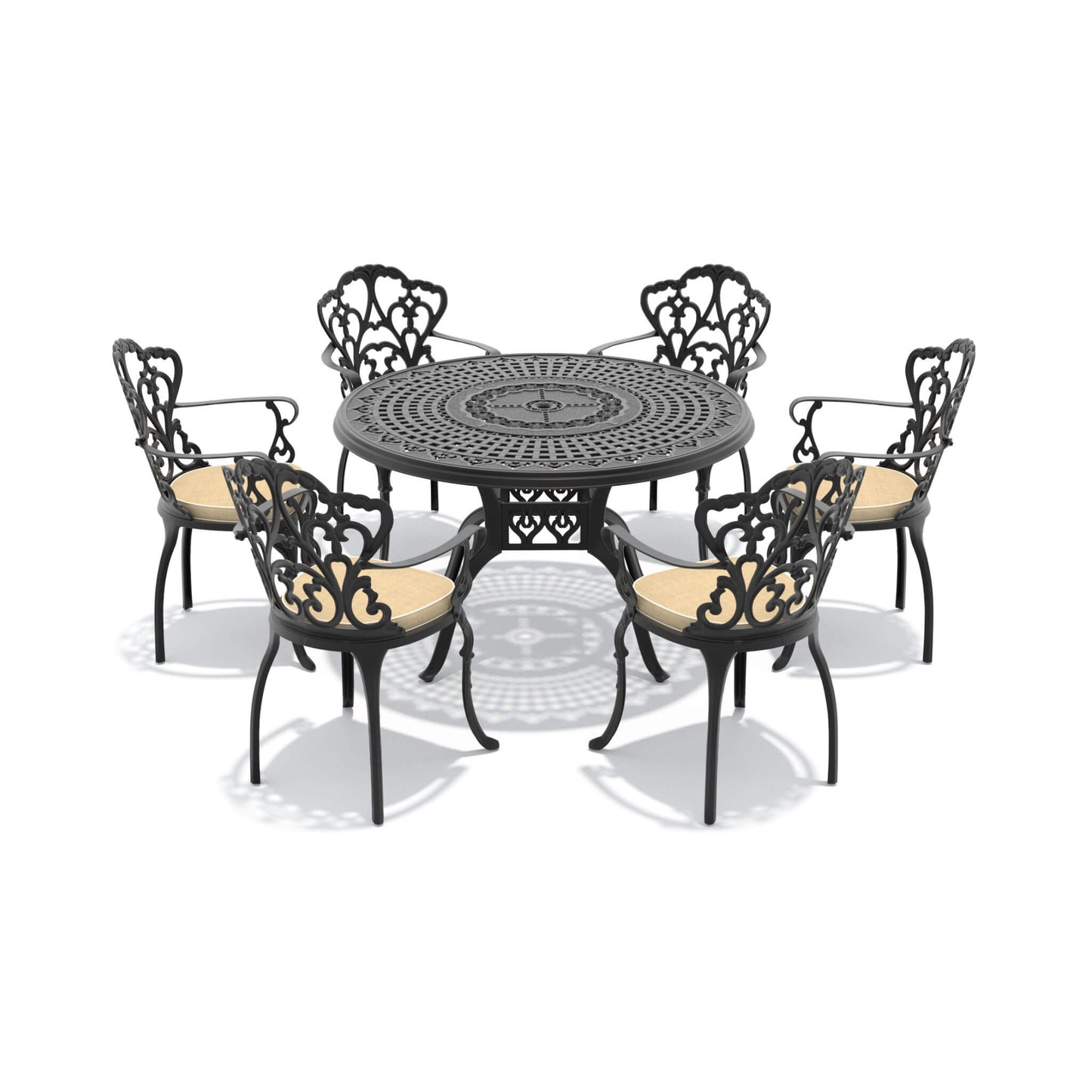 Alora 7-Piece Cast Aluminum Patio Furniture Set With Black Frame And Off-White Cushions