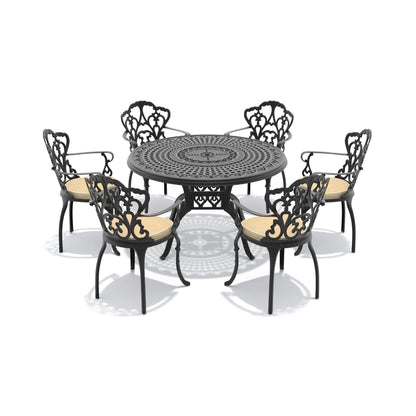 Alora 7-Piece Cast Aluminum Patio Furniture Set With Black Frame And Off-White Cushions