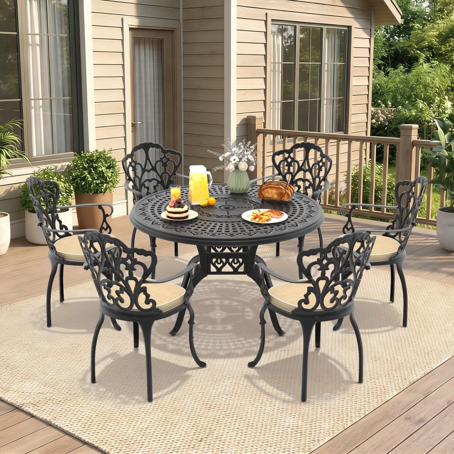 Alora 7-Piece Cast Aluminum Patio Furniture Set With Black Frame And Off-White Cushions