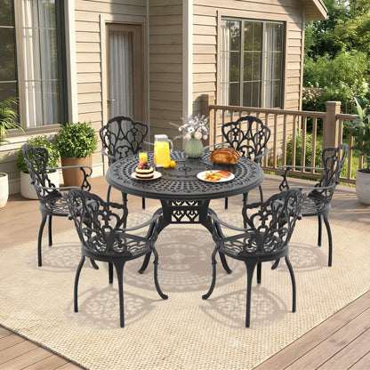 Alora 7-Piece Cast Aluminum Patio Furniture Set With Black Frame And Off-White Cushions