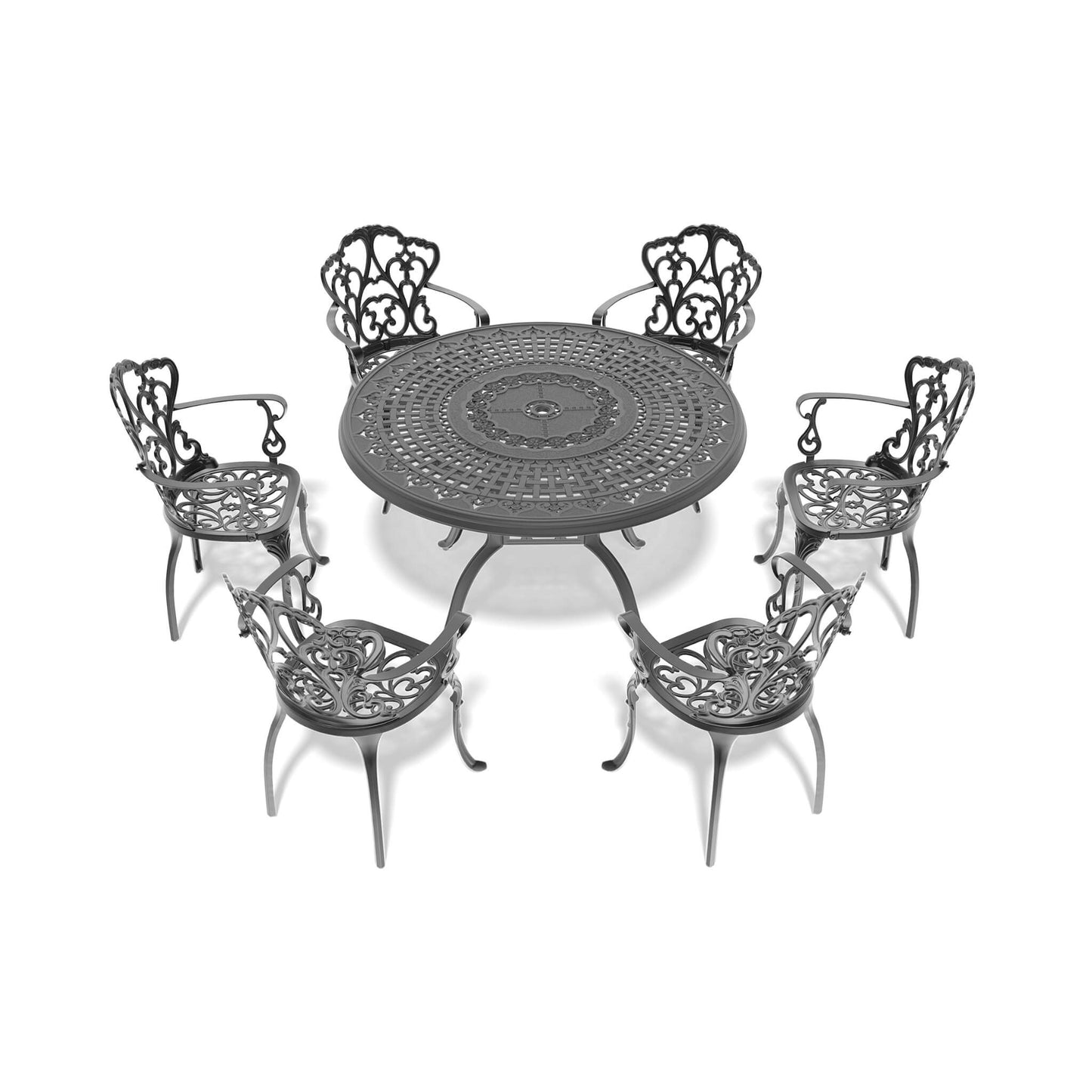 Alora 7-Piece Cast Aluminum Patio Furniture Set With Black Frame And Off-White Cushions