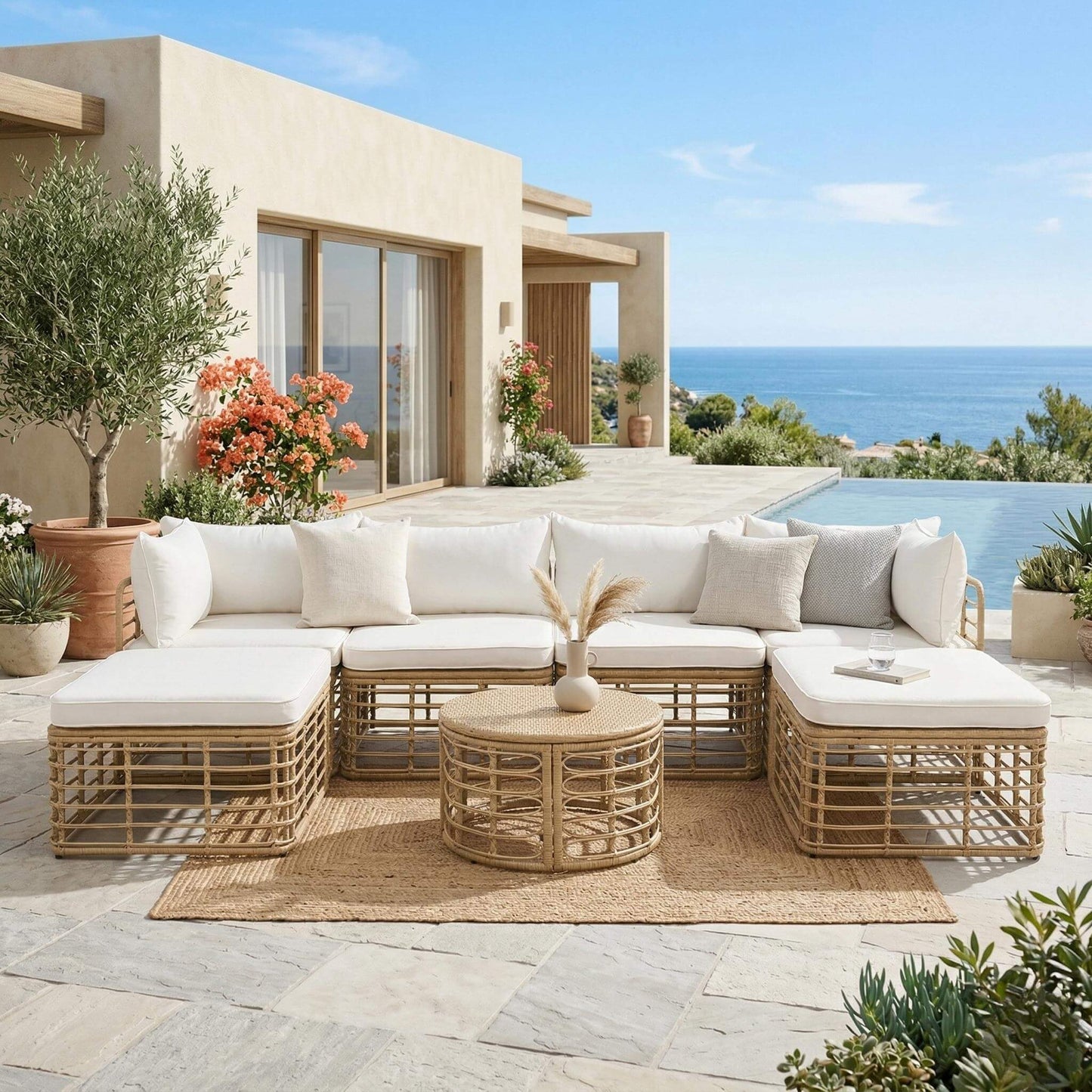 Alora 7-Piece Outdoor All-Weather Rattan Patio Sofa Set With Cushions