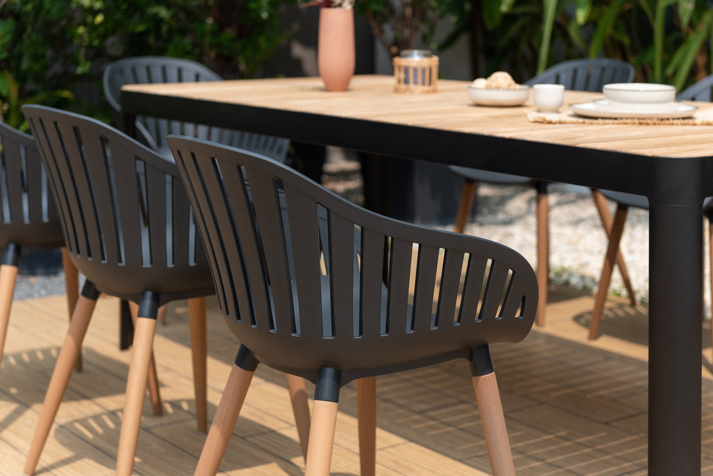 Portals Dark Rectangular Teak Table and 8 Nassau Black Dining Set