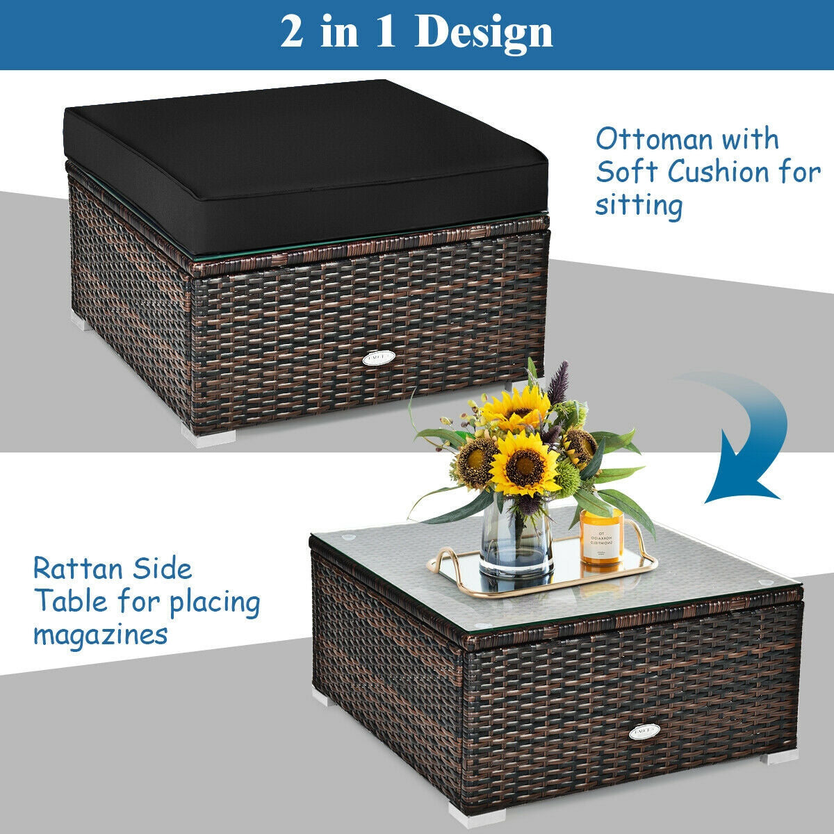 6-Piece Outdoor Rattan Sectional Furniture Set with Cushions and Convertible Ottoman Table