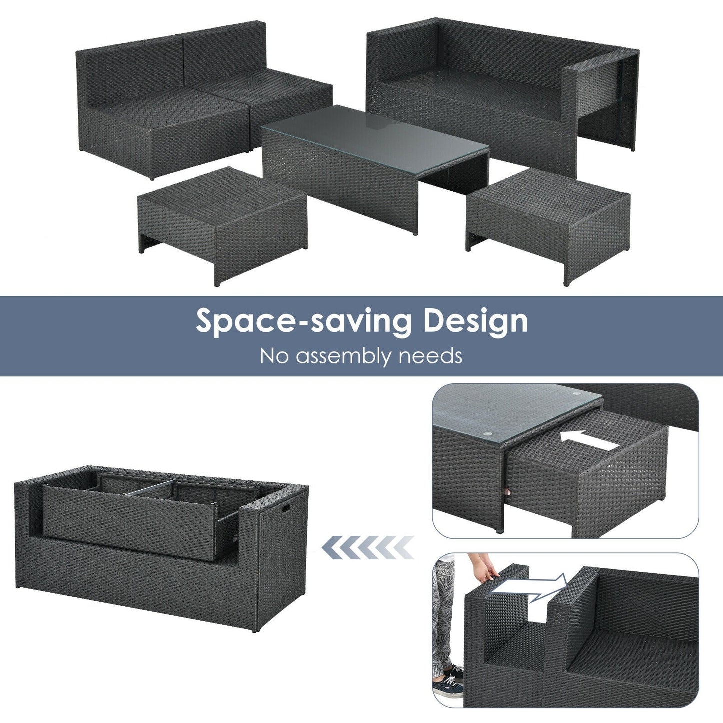 6 Pieces Patio Rattan Furniture Set with Glass Table and Cushioned Seat