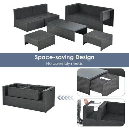 6 Pieces Patio Rattan Furniture Set with Glass Table and Cushioned Seat