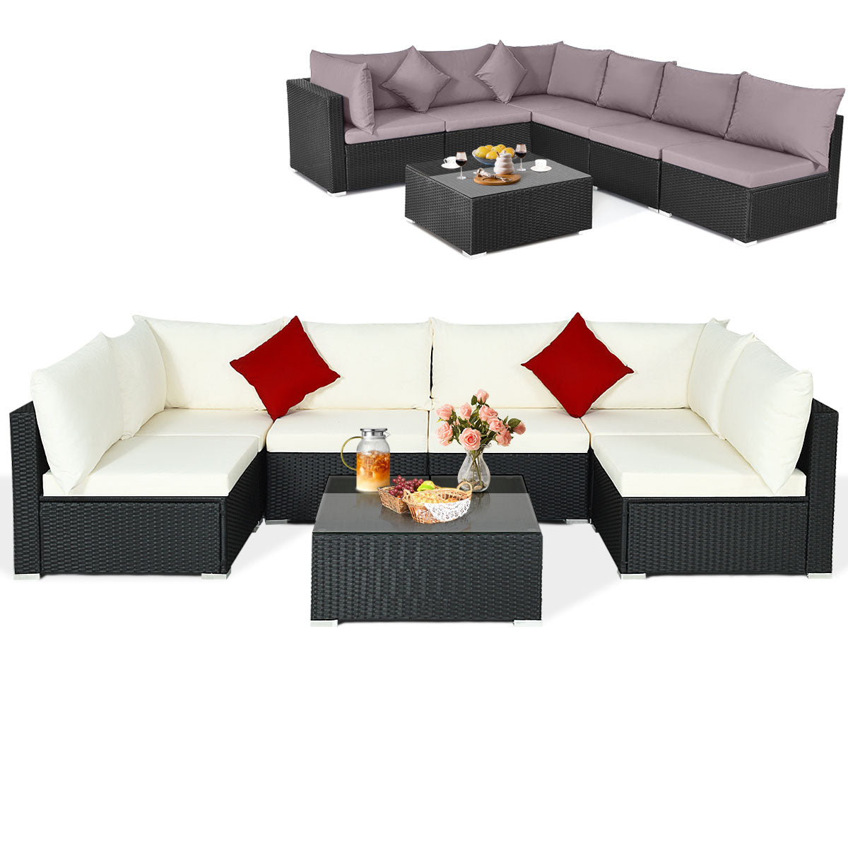 7 Pieces Sectional Wicker Furniture Sofa Set with Tempered Glass Top