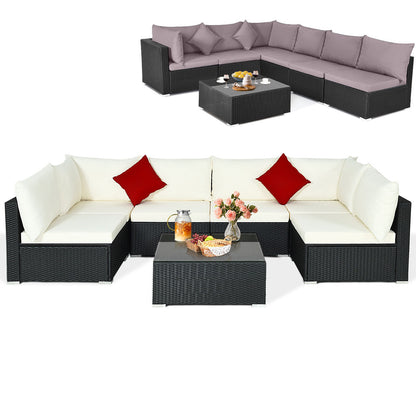 7 Pieces Sectional Wicker Furniture Sofa Set with Tempered Glass Top