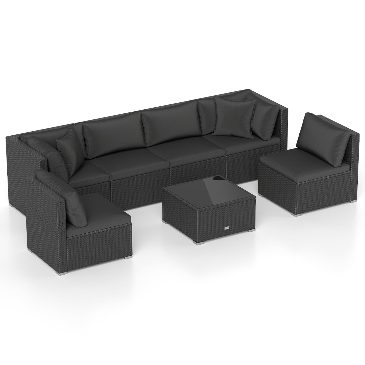 7 Pieces Sectional Wicker Furniture Sofa Set with Tempered Glass Top