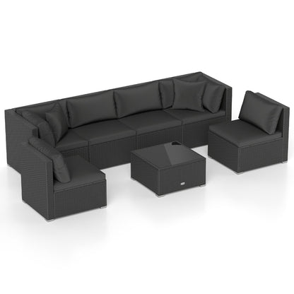 7 Pieces Sectional Wicker Furniture Sofa Set with Tempered Glass Top