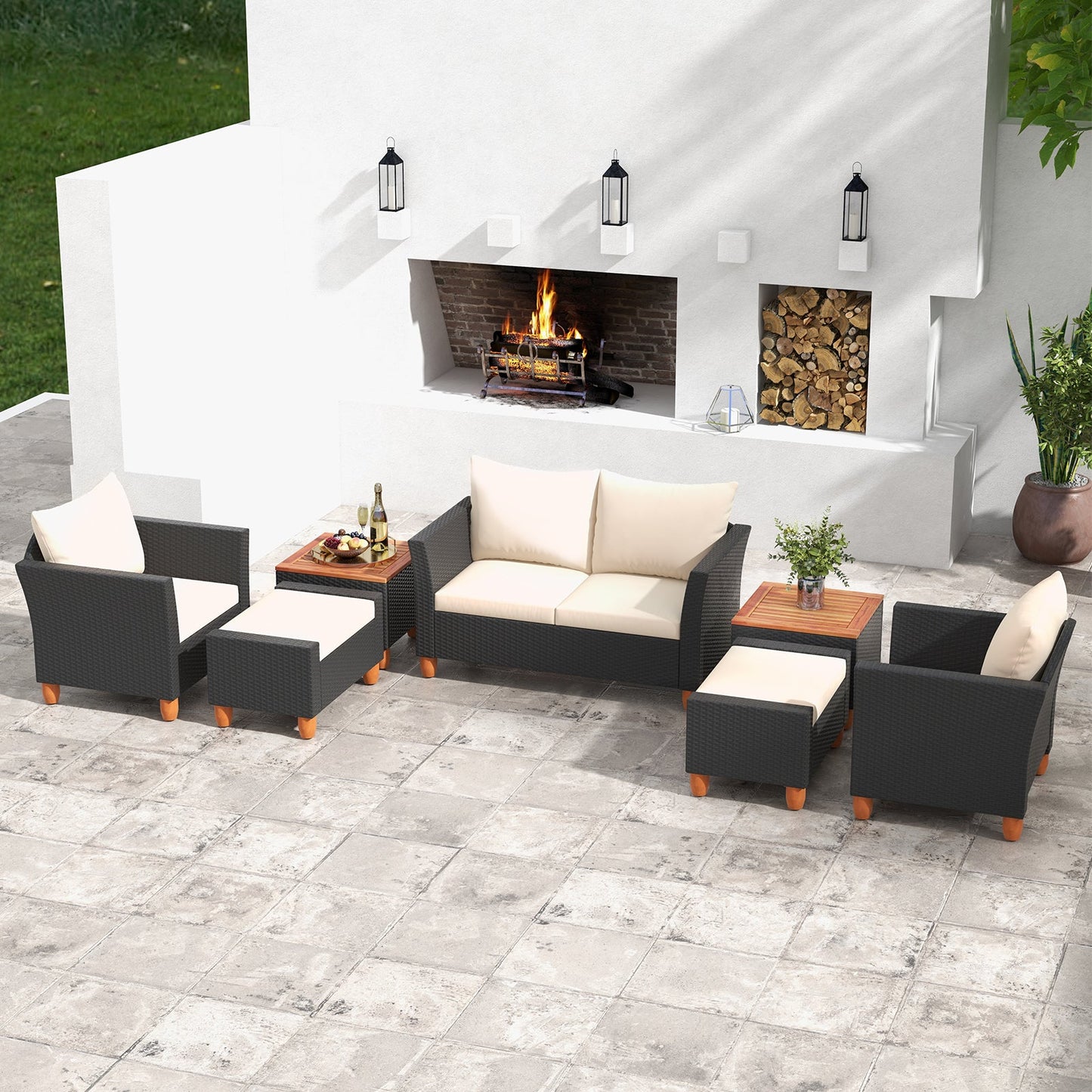 7 Pieces Patio Furniture PE Rattan Sectional Sofa Set with Armchairs and Table-white