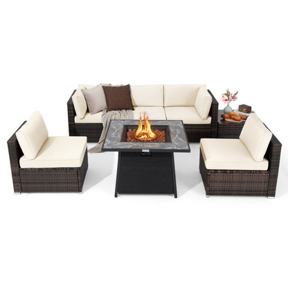 7 Pieces Patio Furniture Set with 35 Inches 50000 BTU Propane Gas Fire Pit Table and Waterproof Cover for Firpit
