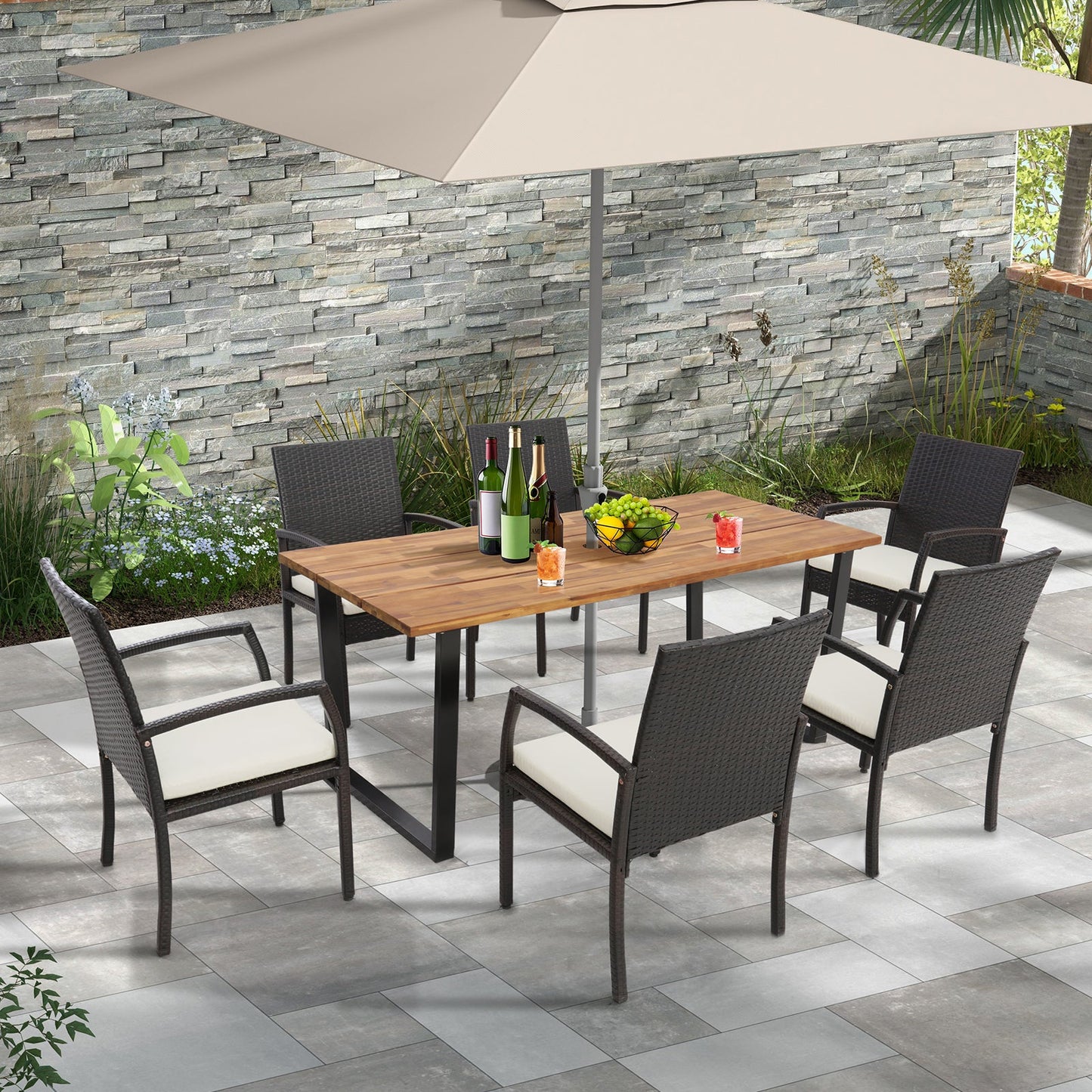 7 Pieces Patio Rattan Dining Set with Umbrella Hole