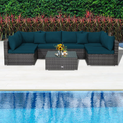 7 Pieces Patio Rattan Furniture Set Sectional Sofa Garden Cushion