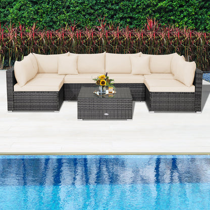 7 Pieces Patio Rattan Furniture Set Sectional Sofa Garden Cushion