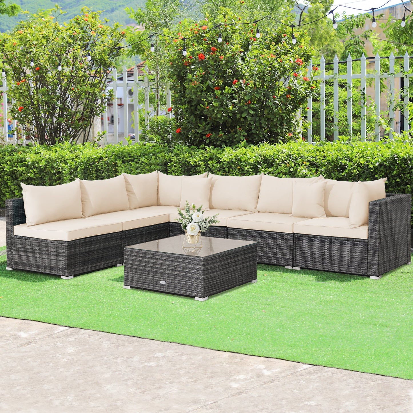 7 Pieces Patio Rattan Furniture Set Sectional Sofa Garden Cushion
