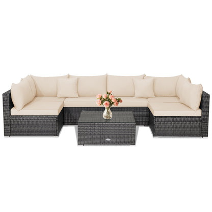 7 Pieces Patio Rattan Furniture Set Sectional Sofa Garden Cushion