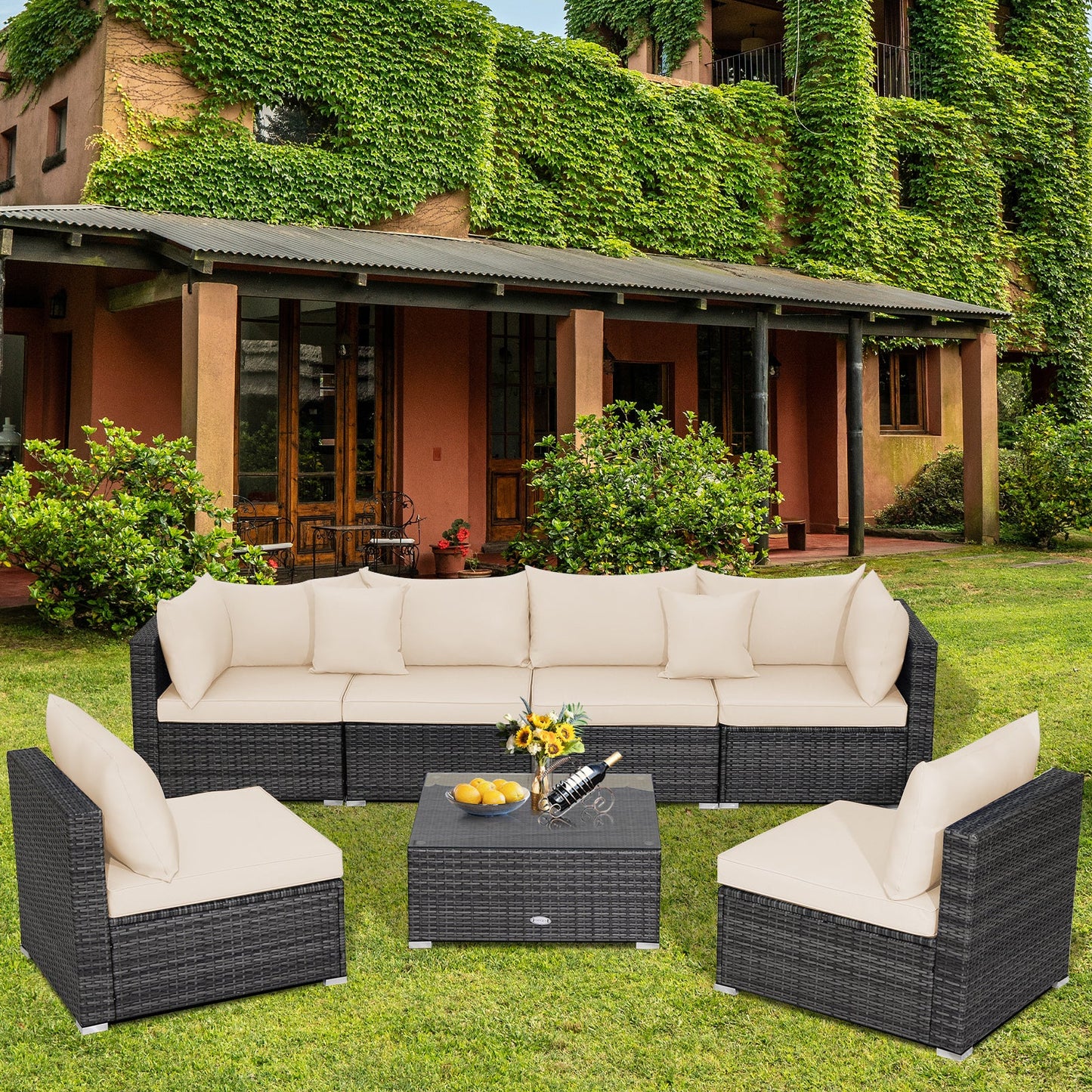 7 Pieces Patio Rattan Furniture Set Sectional Sofa Garden Cushion