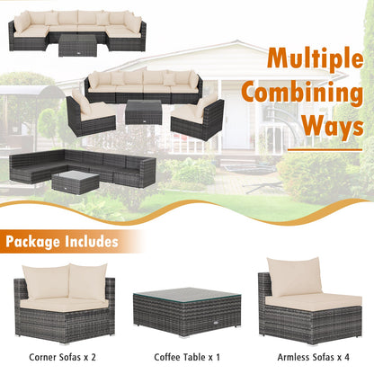 7 Pieces Patio Rattan Furniture Set Sectional Sofa Garden Cushion