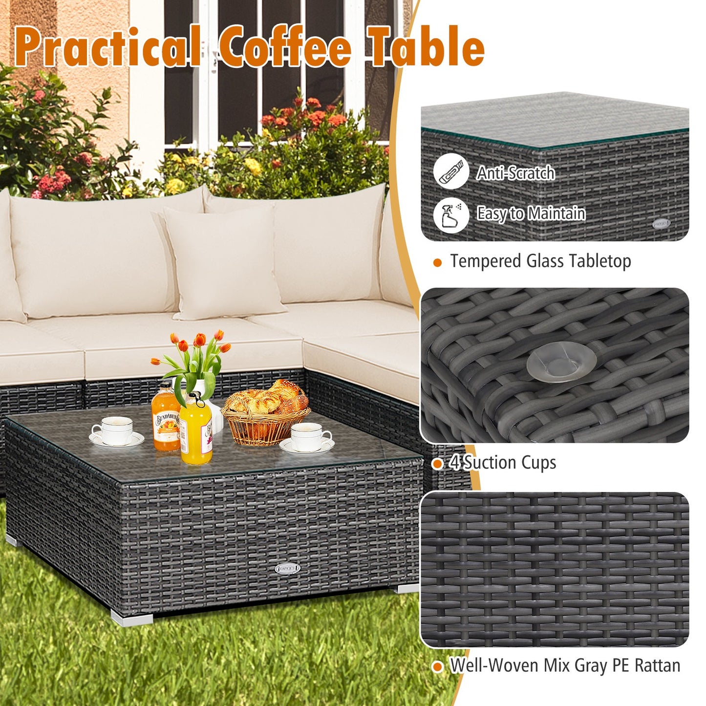 7 Pieces Patio Rattan Furniture Set Sectional Sofa Garden Cushion