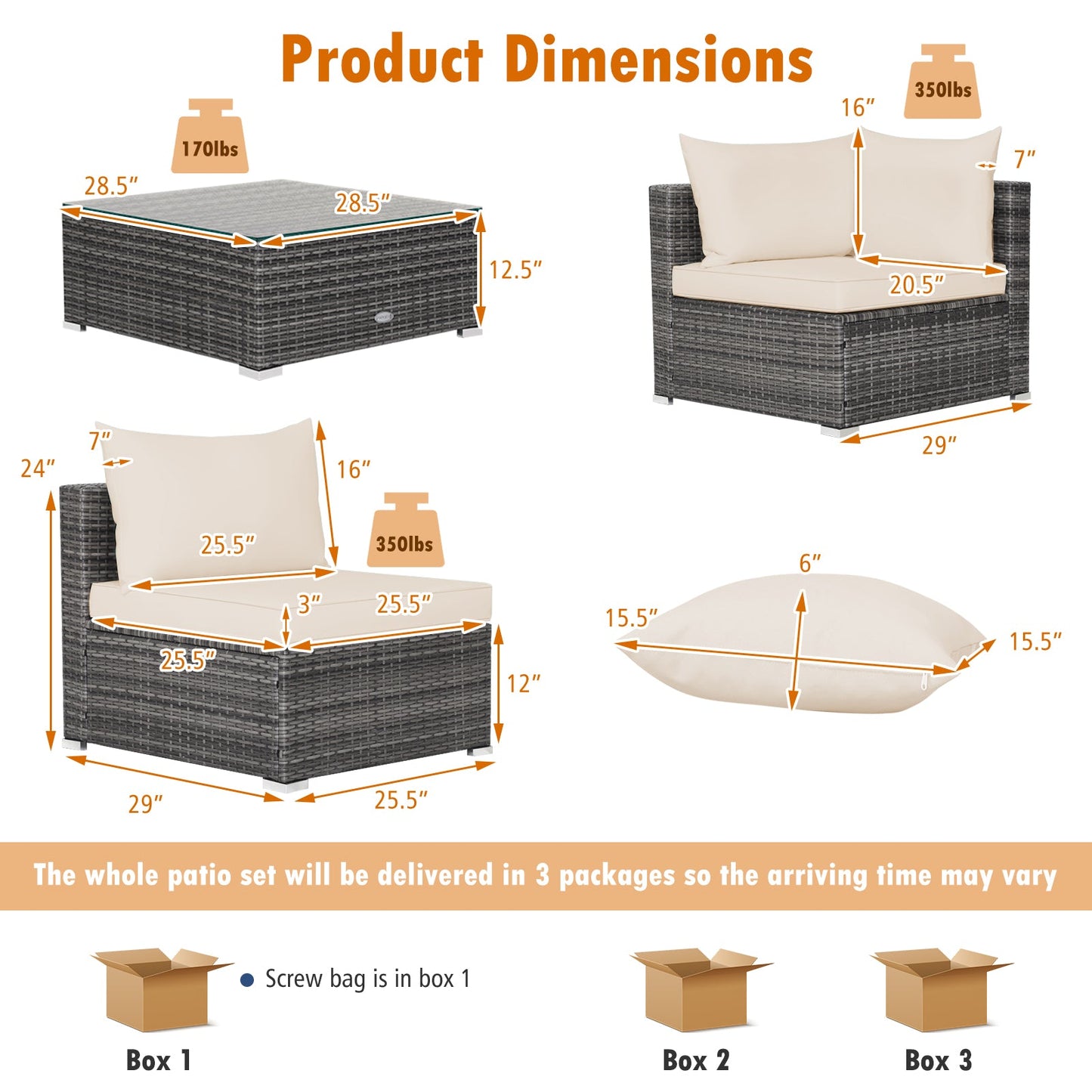 7 Pieces Patio Rattan Furniture Set Sectional Sofa Garden Cushion