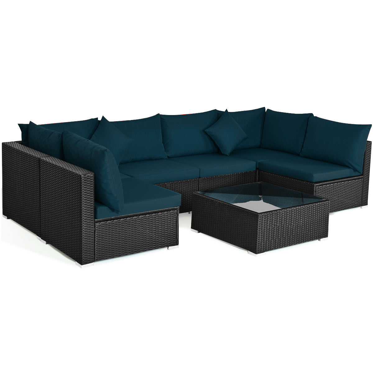 7 Pieces Sectional Wicker Furniture Sofa Set with Tempered Glass Top