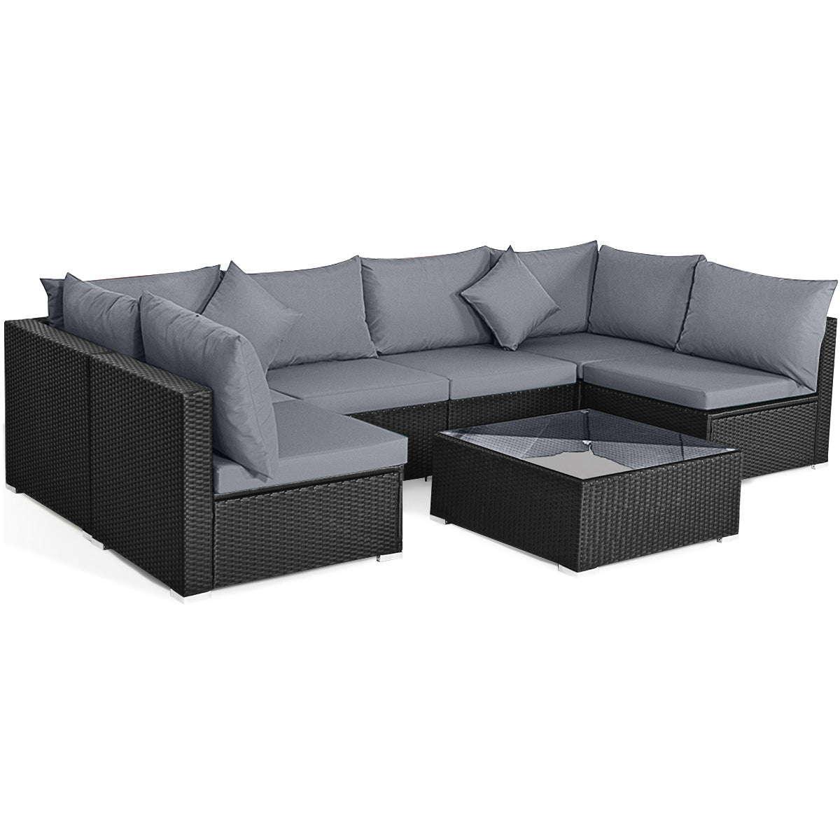 7 Pieces Sectional Wicker Furniture Sofa Set with Tempered Glass Top