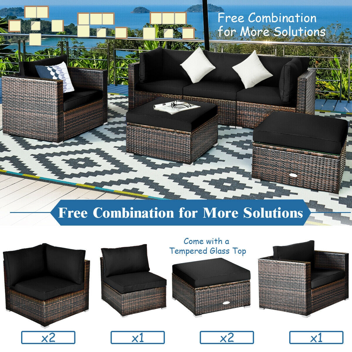 6-Piece Outdoor Rattan Sectional Furniture Set with Cushions and Convertible Ottoman Table