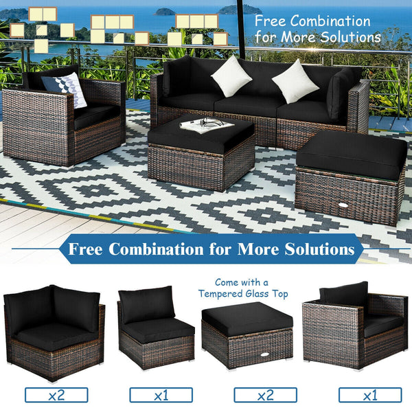 6-Piece Outdoor Rattan Sectional Furniture Set with Cushions and Convertible Ottoman Table