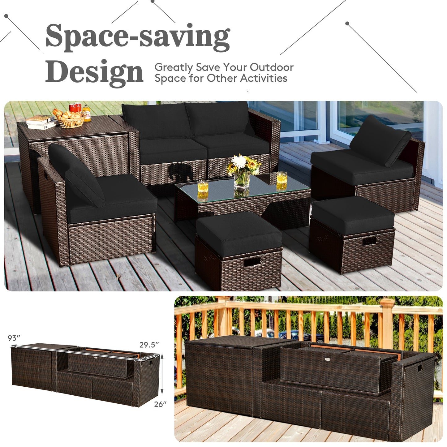 8-Piece Outdoor PE Rattan Patio Furniture Set with Storage Coffee Table and Waterproof Cover