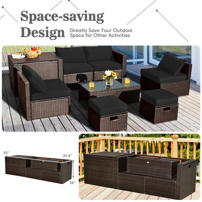 8-Piece Outdoor PE Rattan Patio Furniture Set with Storage Coffee Table and Waterproof Cover