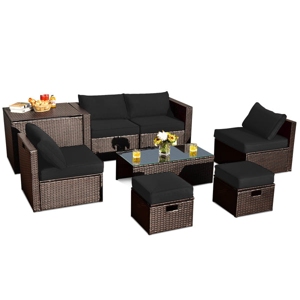8-Piece Outdoor PE Rattan Patio Furniture Set with Storage Coffee Table and Waterproof Cover