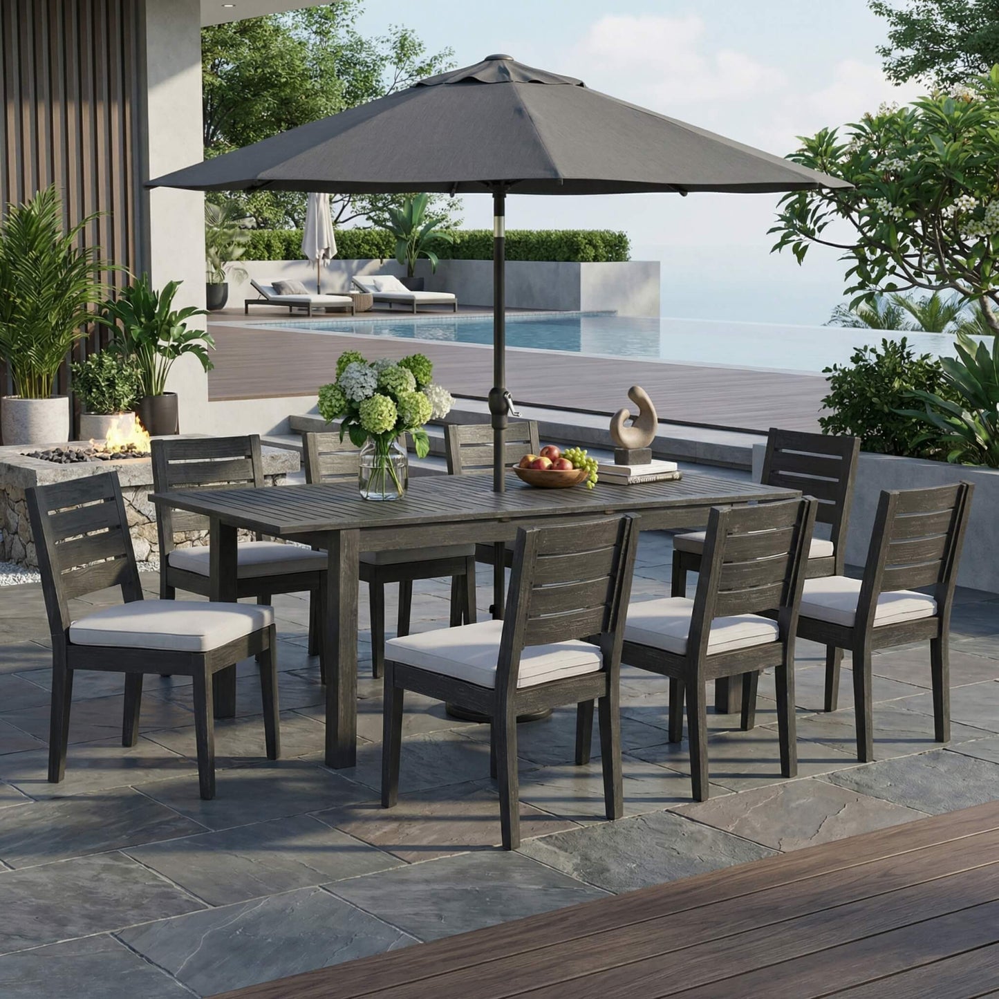 Alora 9-Piece Outdoor Dining Set With Extendable Acacia Wood Patio Table