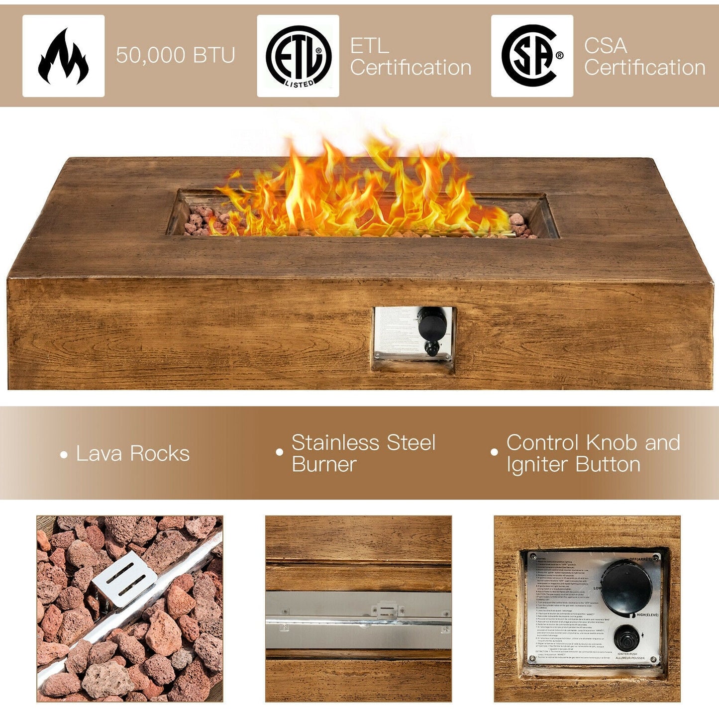 48" × 27" Outdoor Propane Gas Fire Pit Table with 50,000 BTU Burner and Protective Cover