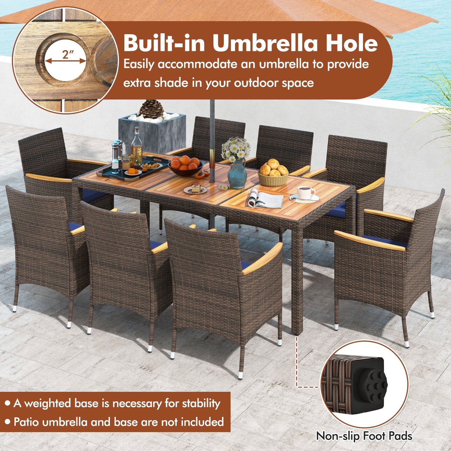 9 Piece Outdoor Dining Set with Acacia Wood Table Top